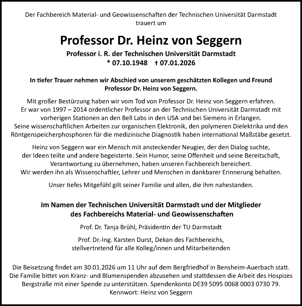  Traueranzeige für Heinz von Seggern vom 24.01.2026 aus Darmstädter Echo