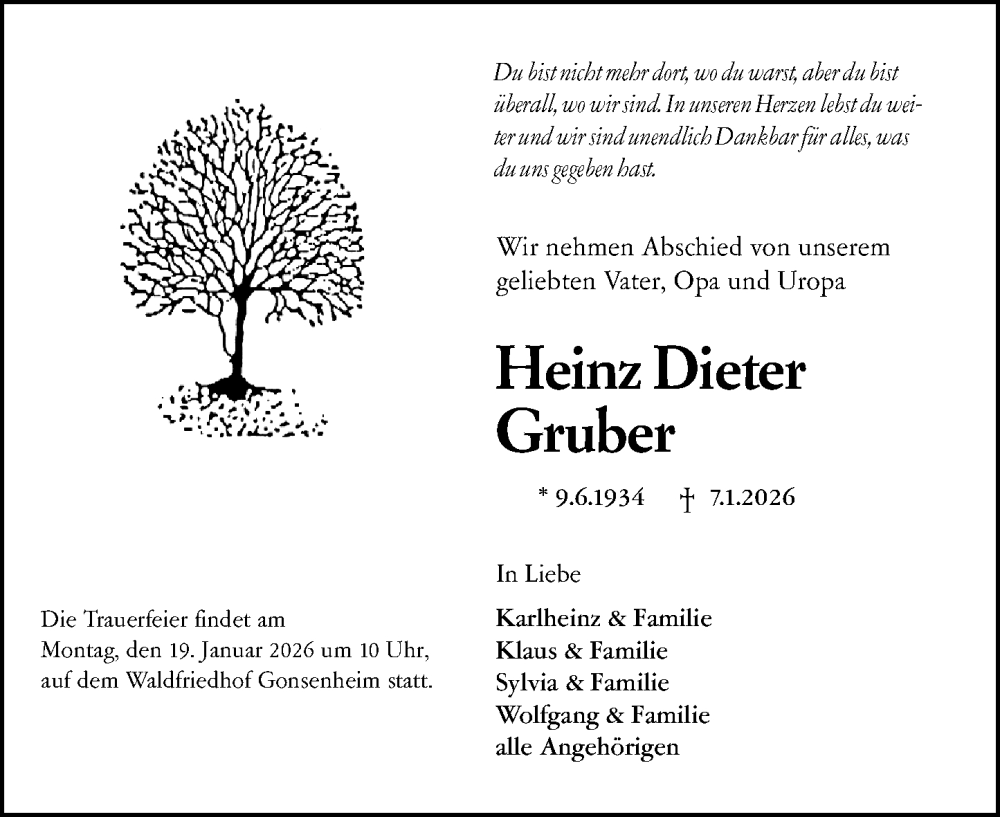 Traueranzeige für Heinz Dieter Gruber vom 14.01.2026 aus Allgemeine Zeitung Mainz