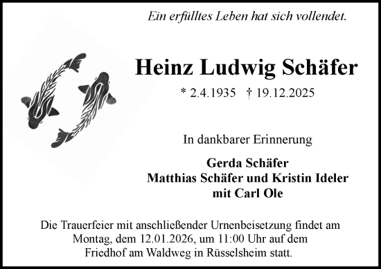 Traueranzeige von Heinz Ludwig Schäfer von Rüsselsheimer Echo