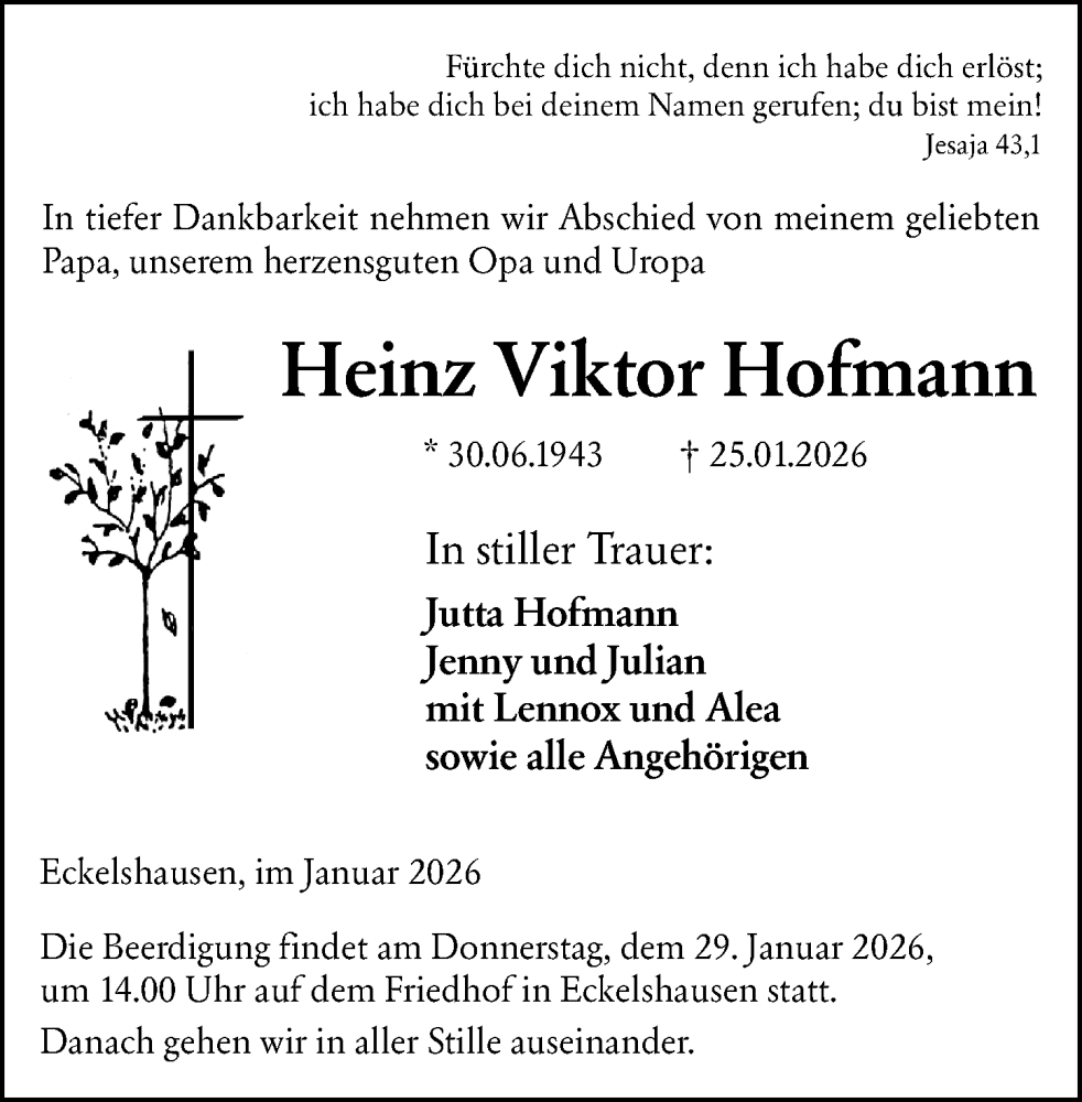  Traueranzeige für Heinz Viktor Hofmann vom 28.01.2026 aus Hinterländer Anzeiger