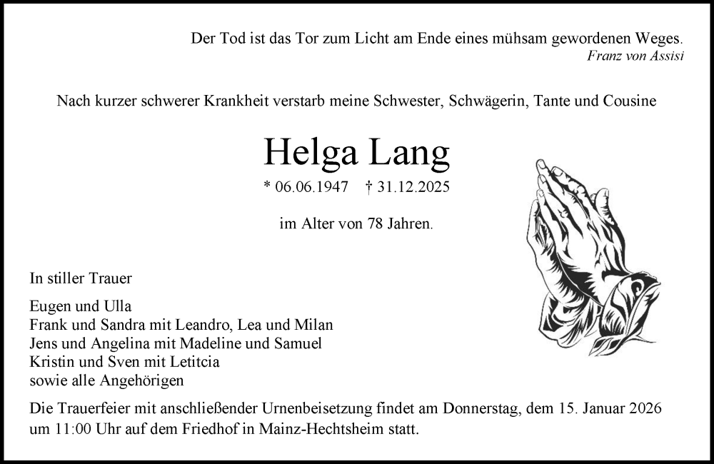  Traueranzeige für Helga Lang vom 10.01.2026 aus Allgemeine Zeitung Mainz