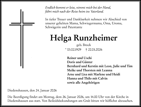 Traueranzeige von Helga Runzheimer von Hinterländer Anzeiger