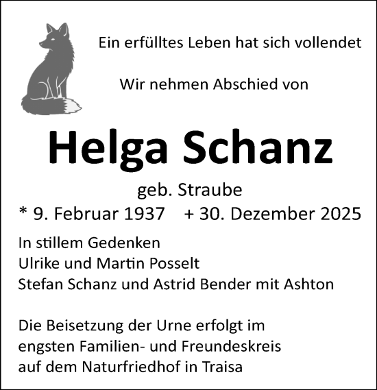 Traueranzeige von Helga Schanz von Darmstädter Echo
