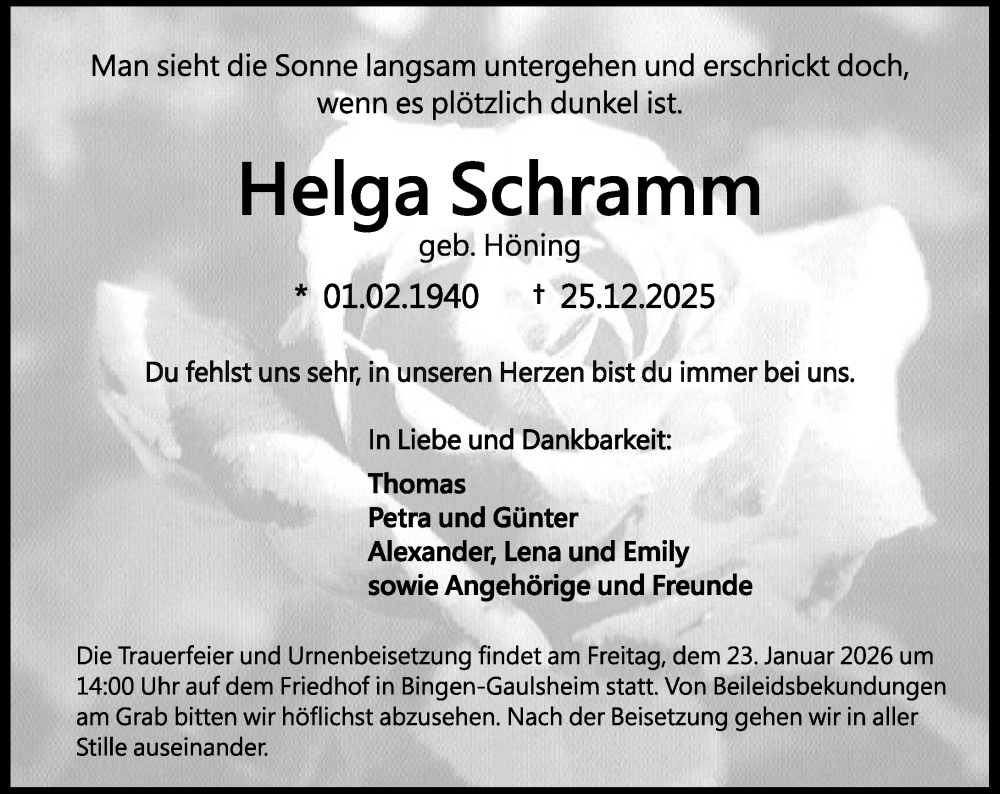  Traueranzeige für Helga Schramm vom 17.01.2026 aus Binger-/Ingelheimer Wochenblatt
