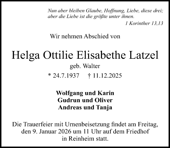 Traueranzeige von Helga Ottilie Elisabethe Latzel von Darmstädter Echo