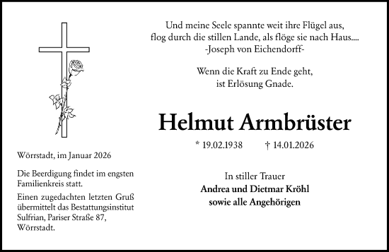 Traueranzeige von Helmut Armbrüster von Allgemeine Zeitung Alzey