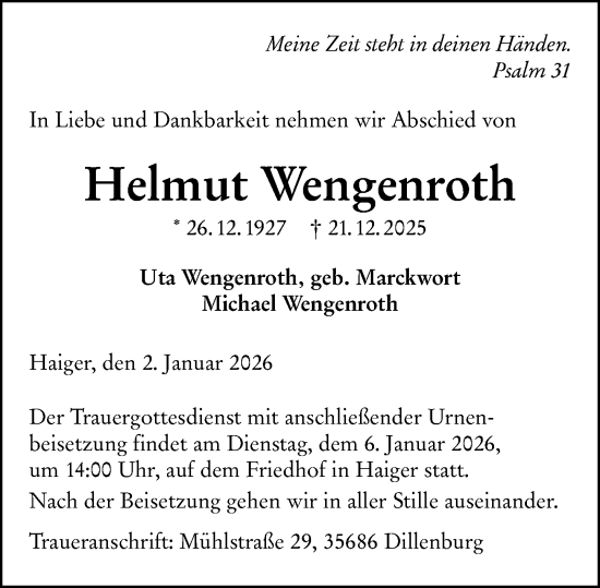 Traueranzeige von Helmut Wengenroth von Dill Block
