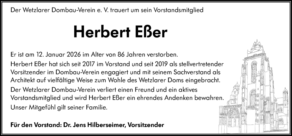  Traueranzeige für Herbert Eßer vom 24.01.2026 aus Wetzlarer Neue Zeitung