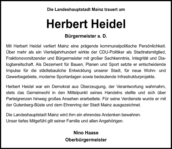 Traueranzeige von Herbert Heidel von Allgemeine Zeitung Mainz