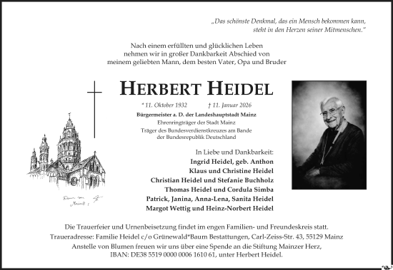 Traueranzeige von Herbert Heidel von Allgemeine Zeitung Mainz