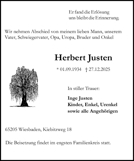 Traueranzeige von Herbert Justen von Wiesbadener Kurier