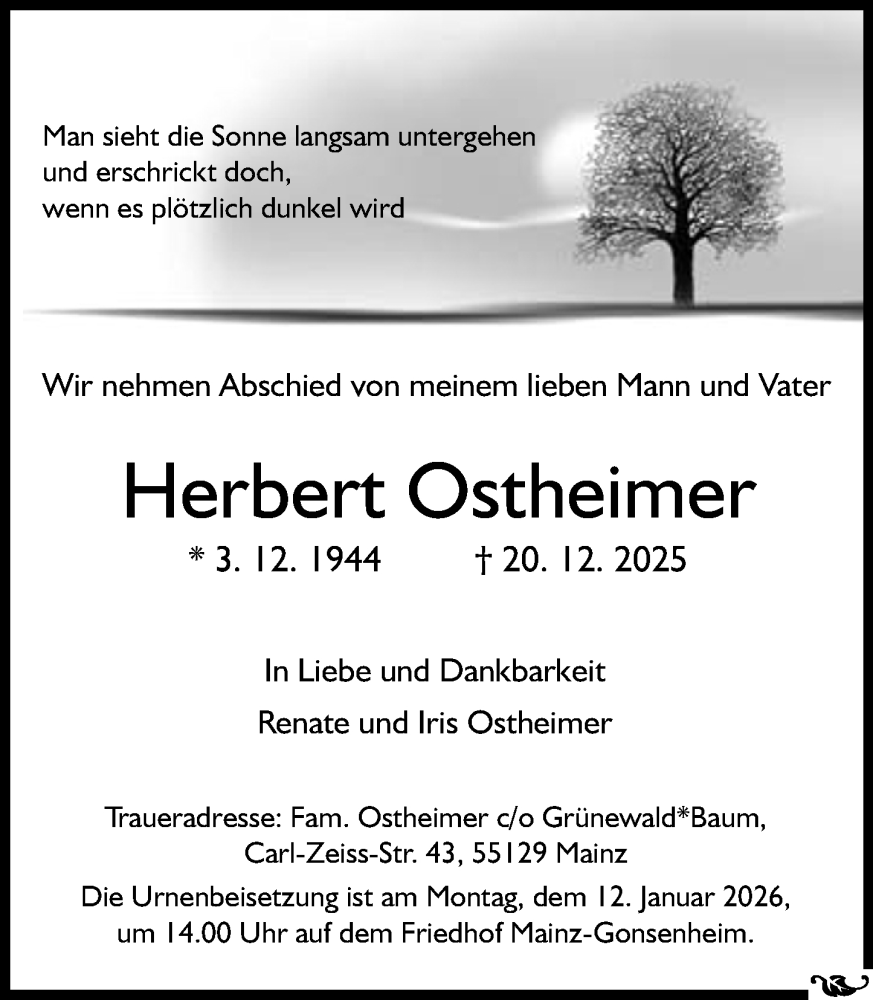  Traueranzeige für Herbert Ostheimer vom 03.01.2026 aus Allgemeine Zeitung Mainz