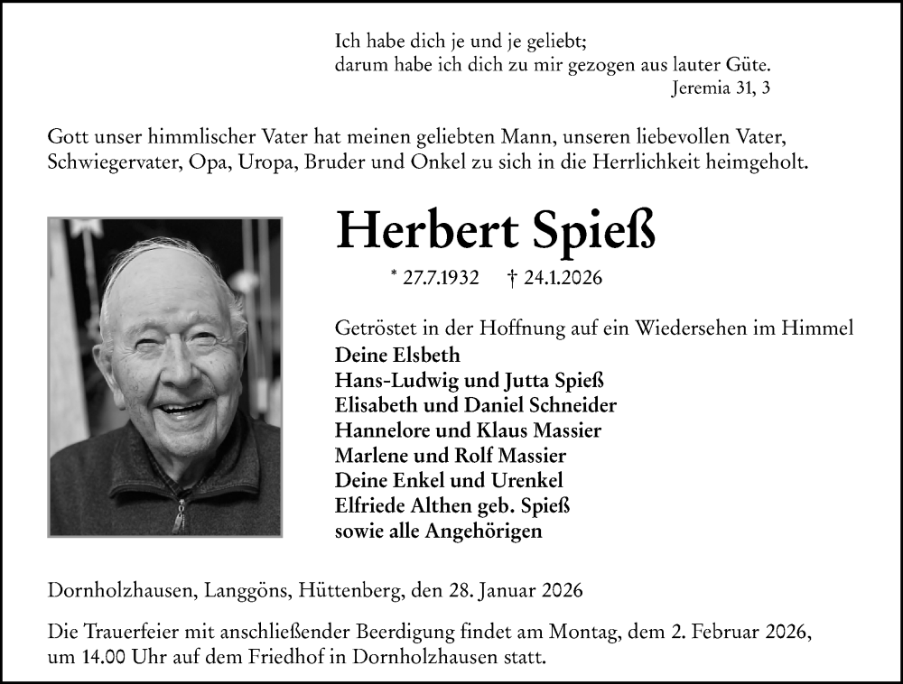  Traueranzeige für Herbert Spieß vom 28.01.2026 aus Wetzlarer Neue Zeitung