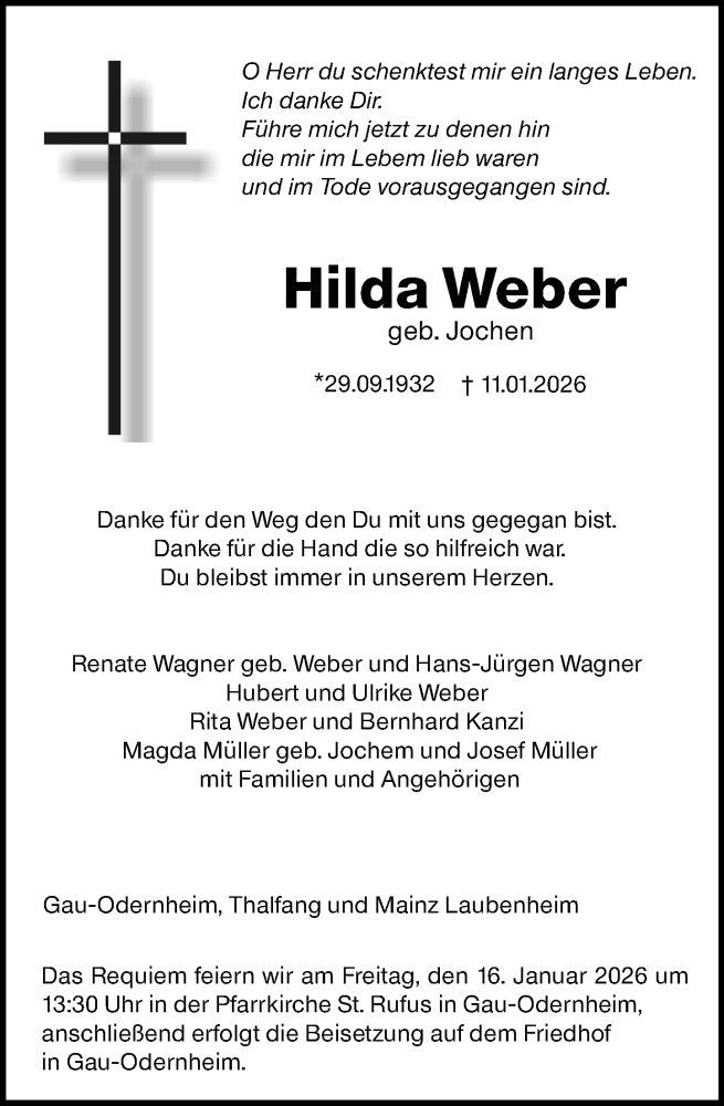  Traueranzeige für Hilda Weber vom 14.01.2026 aus Allgemeine Zeitung Alzey