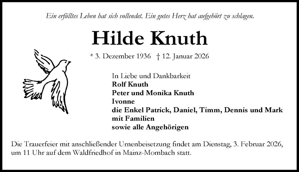 Traueranzeige für Hilde Knuth vom 24.01.2026 aus Allgemeine Zeitung Mainz