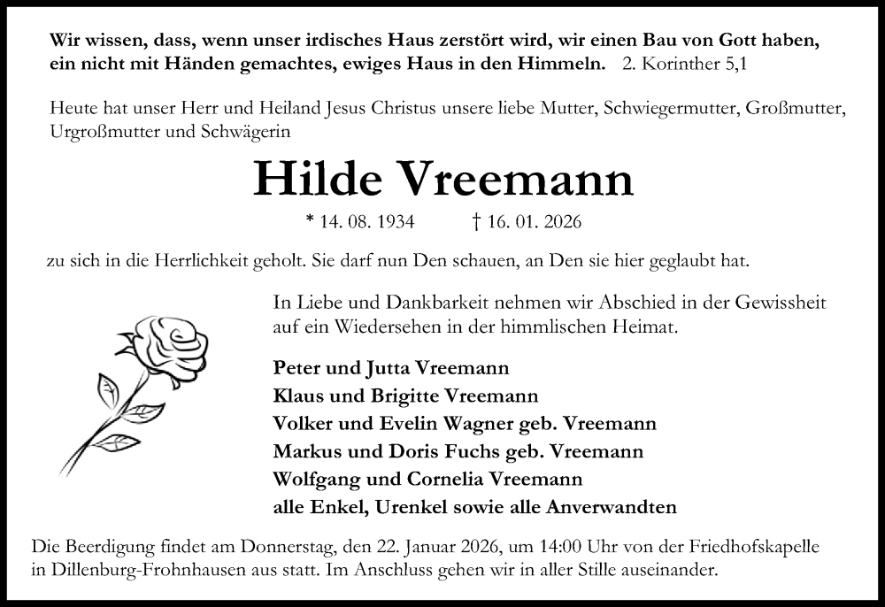  Traueranzeige für Hilde Vreemann vom 20.01.2026 aus Hinterländer Anzeiger
