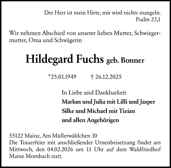 Traueranzeige von Hildegard Fuchs von Allgemeine Zeitung Mainz