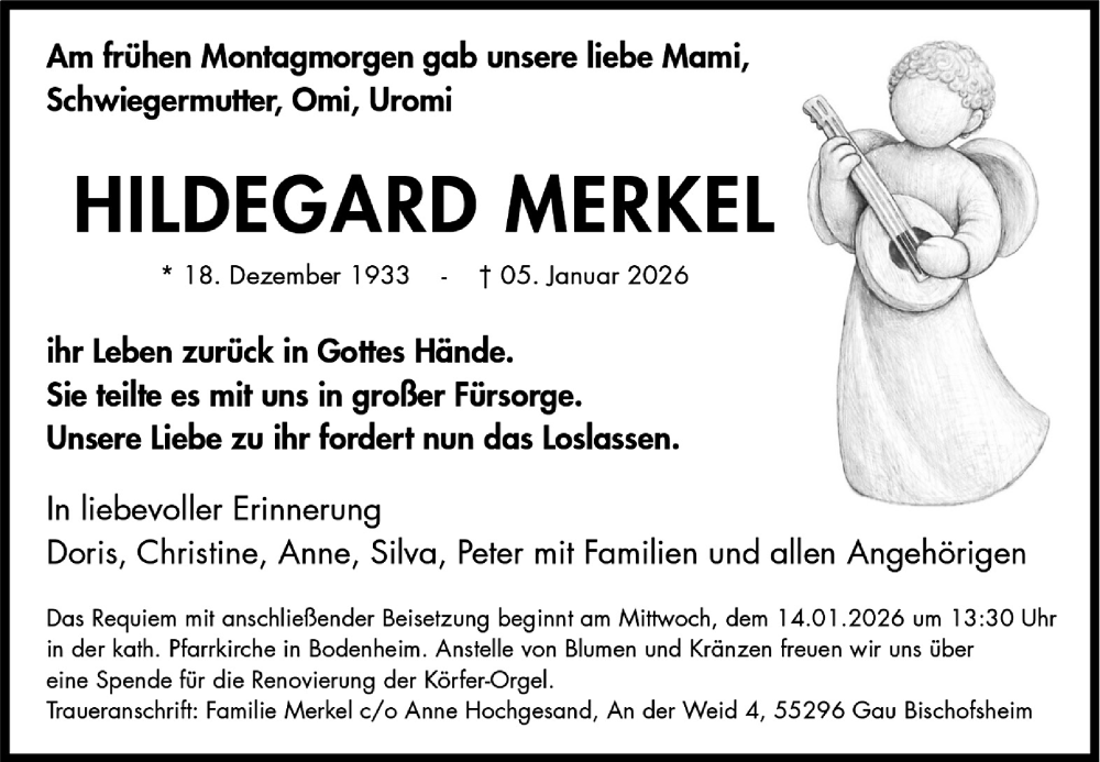  Traueranzeige für Hildegard Merkel vom 10.01.2026 aus Allgemeine Zeitung Mainz