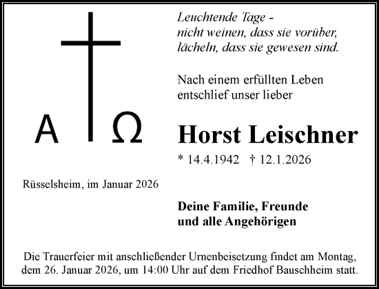 Traueranzeige von Horst Leischner von Rüsselsheimer Echo