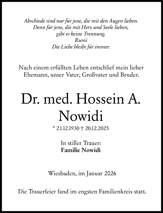 Traueranzeige von Hossein A. Nowidi von Wiesbadener Kurier