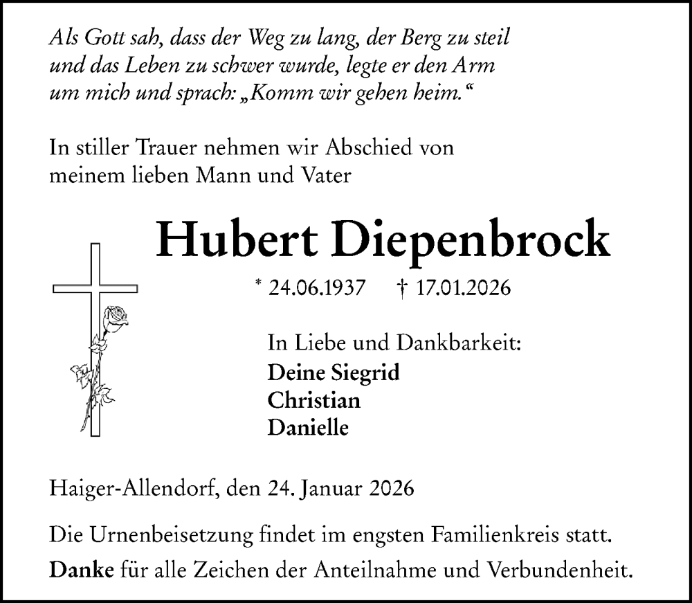  Traueranzeige für Hubert Diepenbrock vom 24.01.2026 aus Dill Block