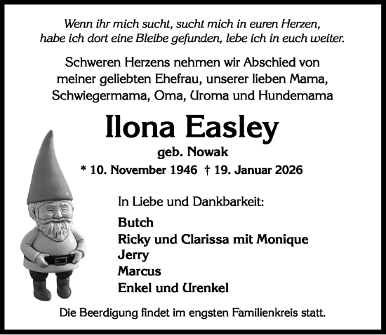 Traueranzeige von Ilona Easley von Wiesbadener Kurier