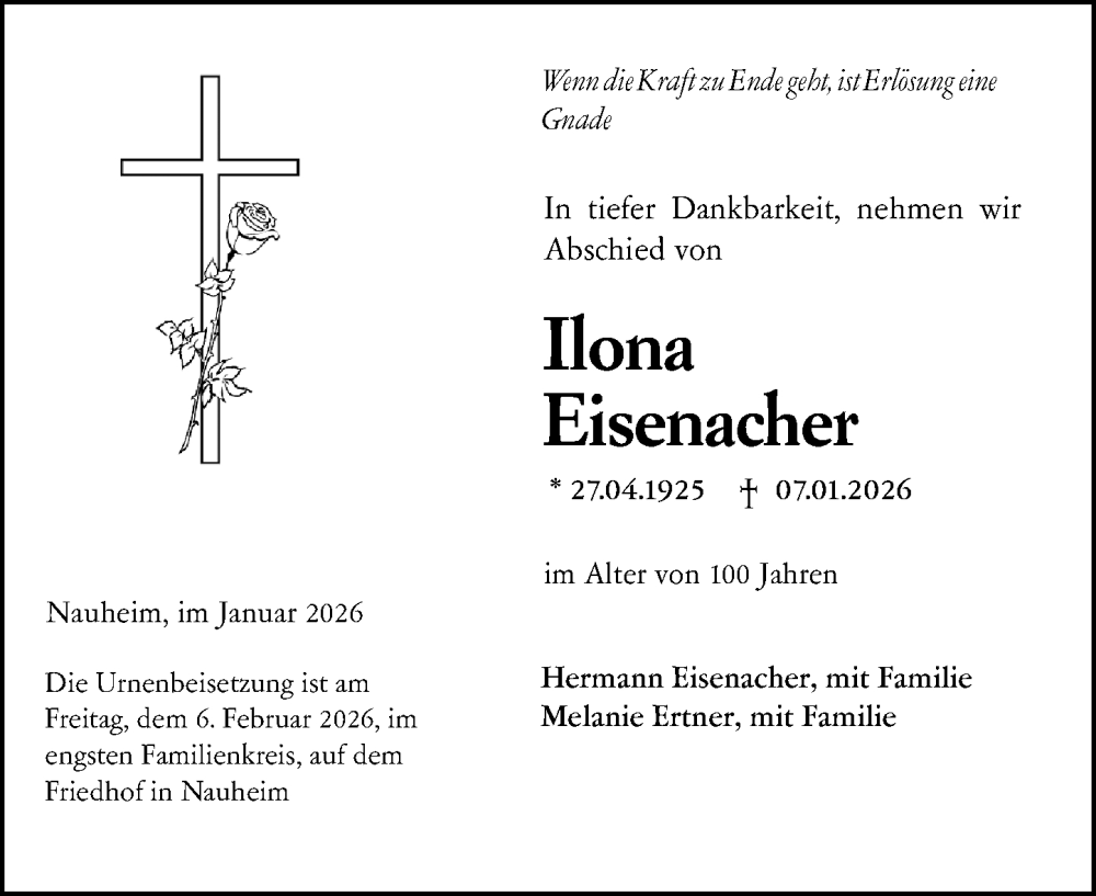  Traueranzeige für Ilona Eisenacher vom 15.01.2026 aus Rüsselsheimer Echo