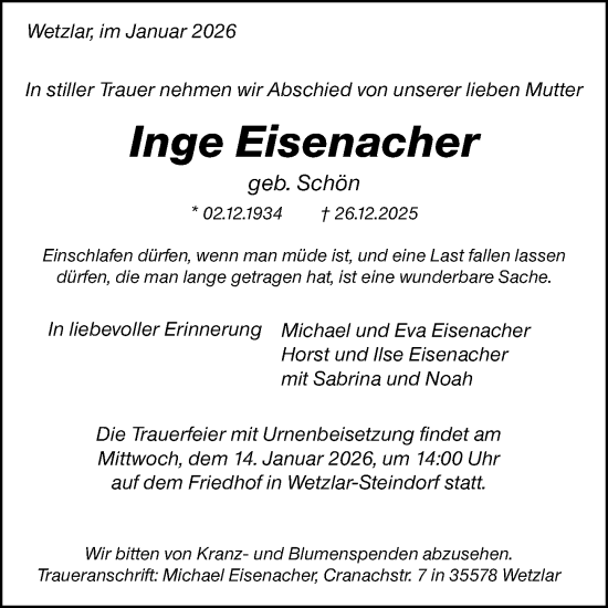 Traueranzeige von Inge Eisenacher von Wetzlarer Neue Zeitung