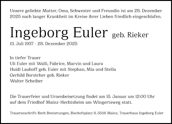 Traueranzeige von Ingeborg Euler von Wiesbadener Kurier