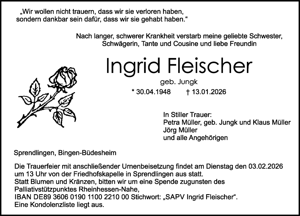  Traueranzeige für Ingrid Fleischer vom 24.01.2026 aus Allgemeine Zeitung Rheinhessen-Nahe