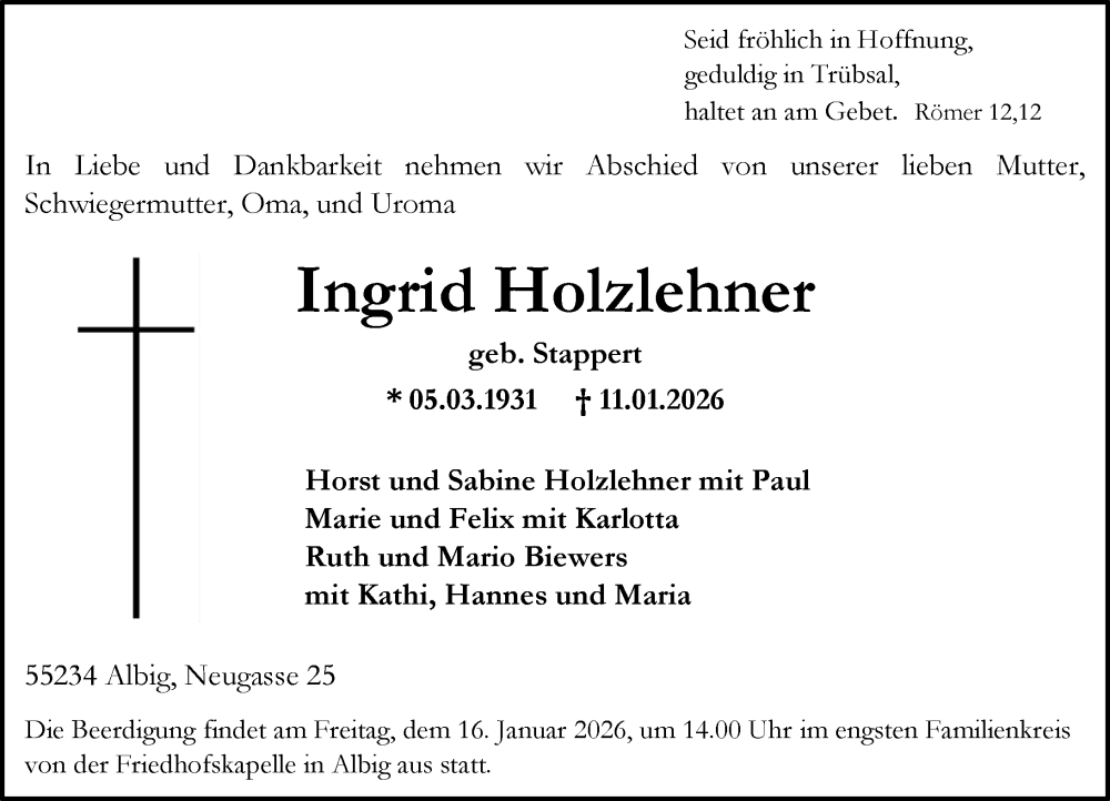  Traueranzeige für Ingrid Holzlehner vom 14.01.2026 aus Allgemeine Zeitung Alzey