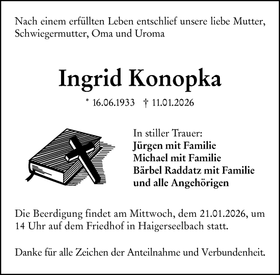 Traueranzeige von Ingrid Konopka von Dill Block