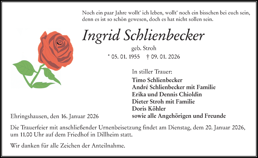  Traueranzeige für Ingrid Schlienbecker vom 16.01.2026 aus Wetzlarer Neue Zeitung