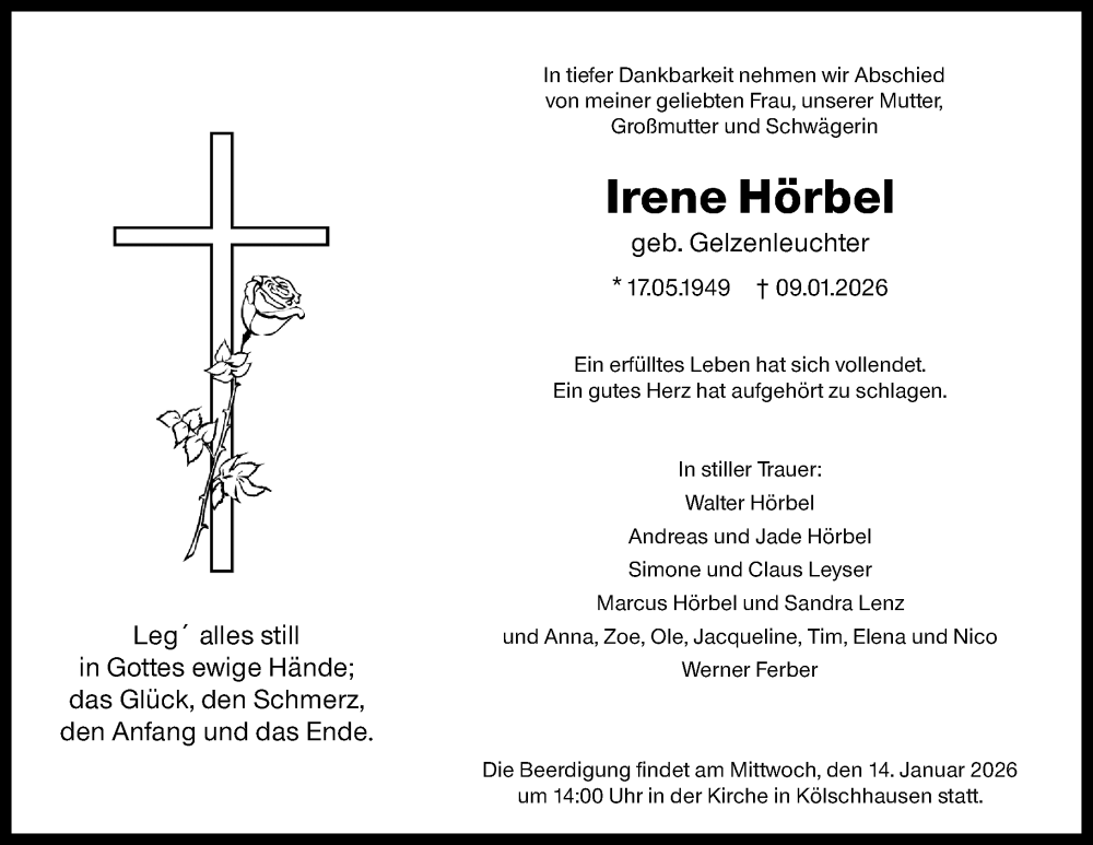  Traueranzeige für Irene Hörbel vom 12.01.2026 aus Wetzlarer Neue Zeitung