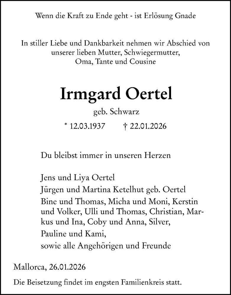  Traueranzeige für Irmgard Oertel vom 26.01.2026 aus Dill Block
