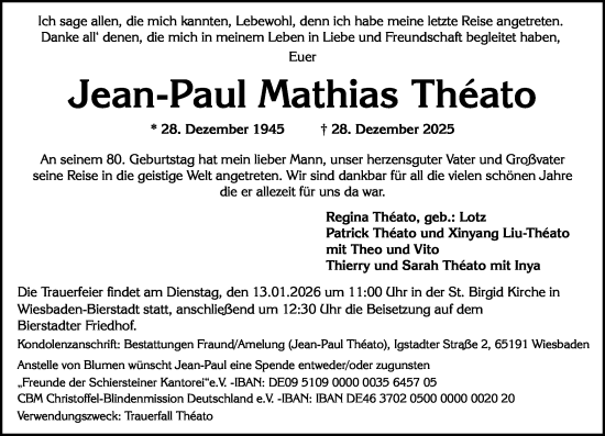 Traueranzeige von Jean-Paul Mathias Théato von Wiesbadener Kurier