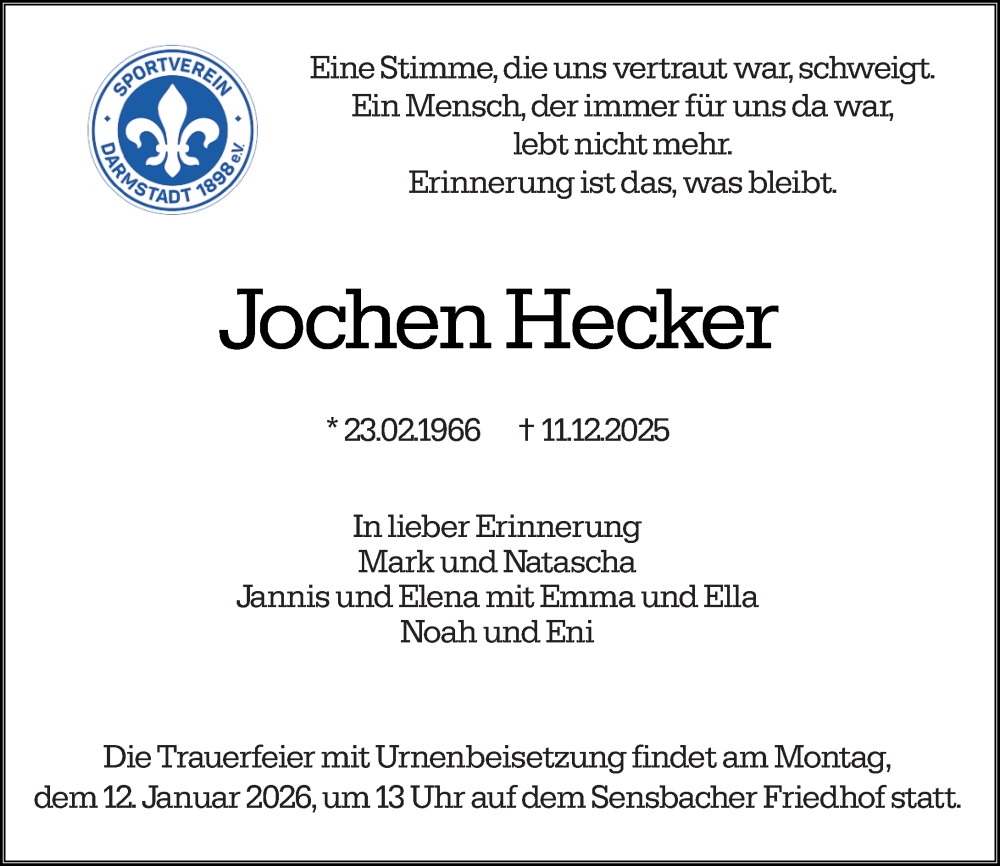  Traueranzeige für Jochen Hecker vom 03.01.2026 aus Odenwälder Echo