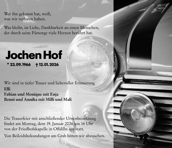 Traueranzeige von Jochen Hof von Dill Block