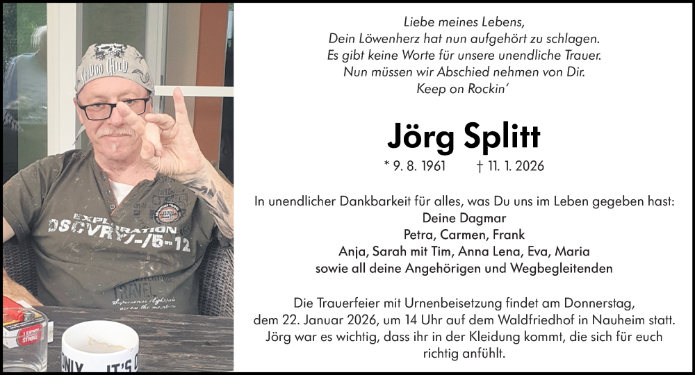  Traueranzeige für Jörg Splitt vom 17.01.2026 aus Rüsselsheimer Echo