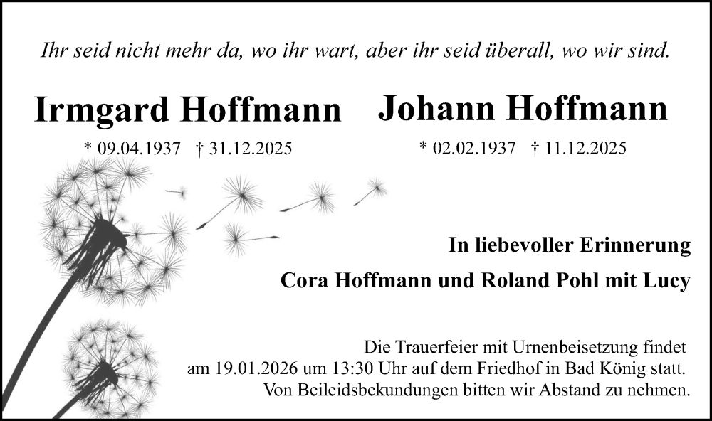  Traueranzeige für Johann Hoffmann vom 10.01.2026 aus Odenwälder Echo