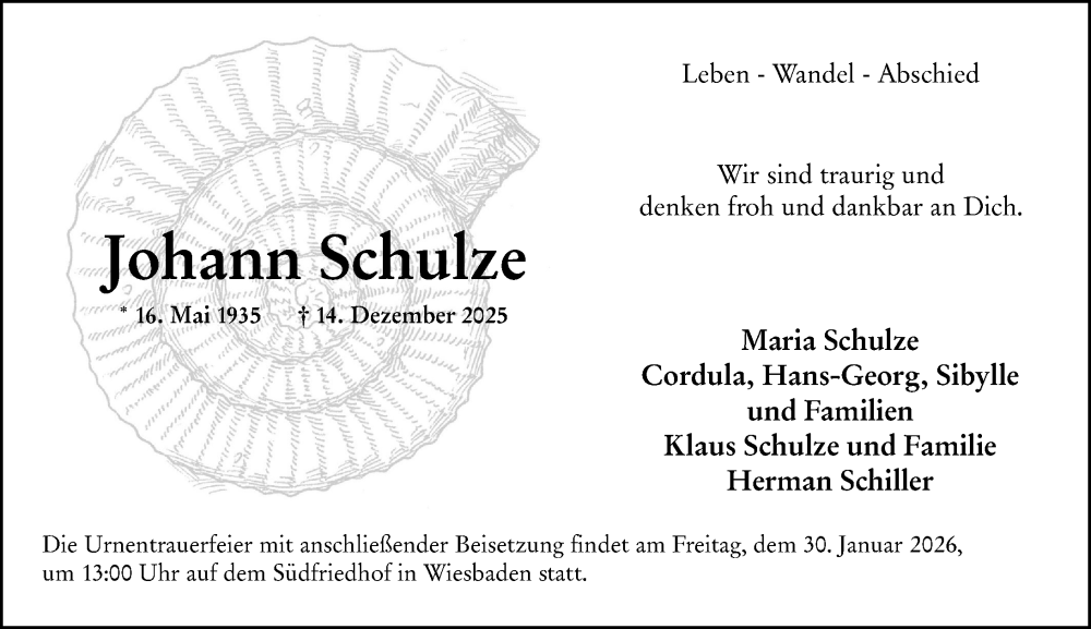  Traueranzeige für Johann Schulze vom 03.01.2026 aus Wiesbadener Kurier