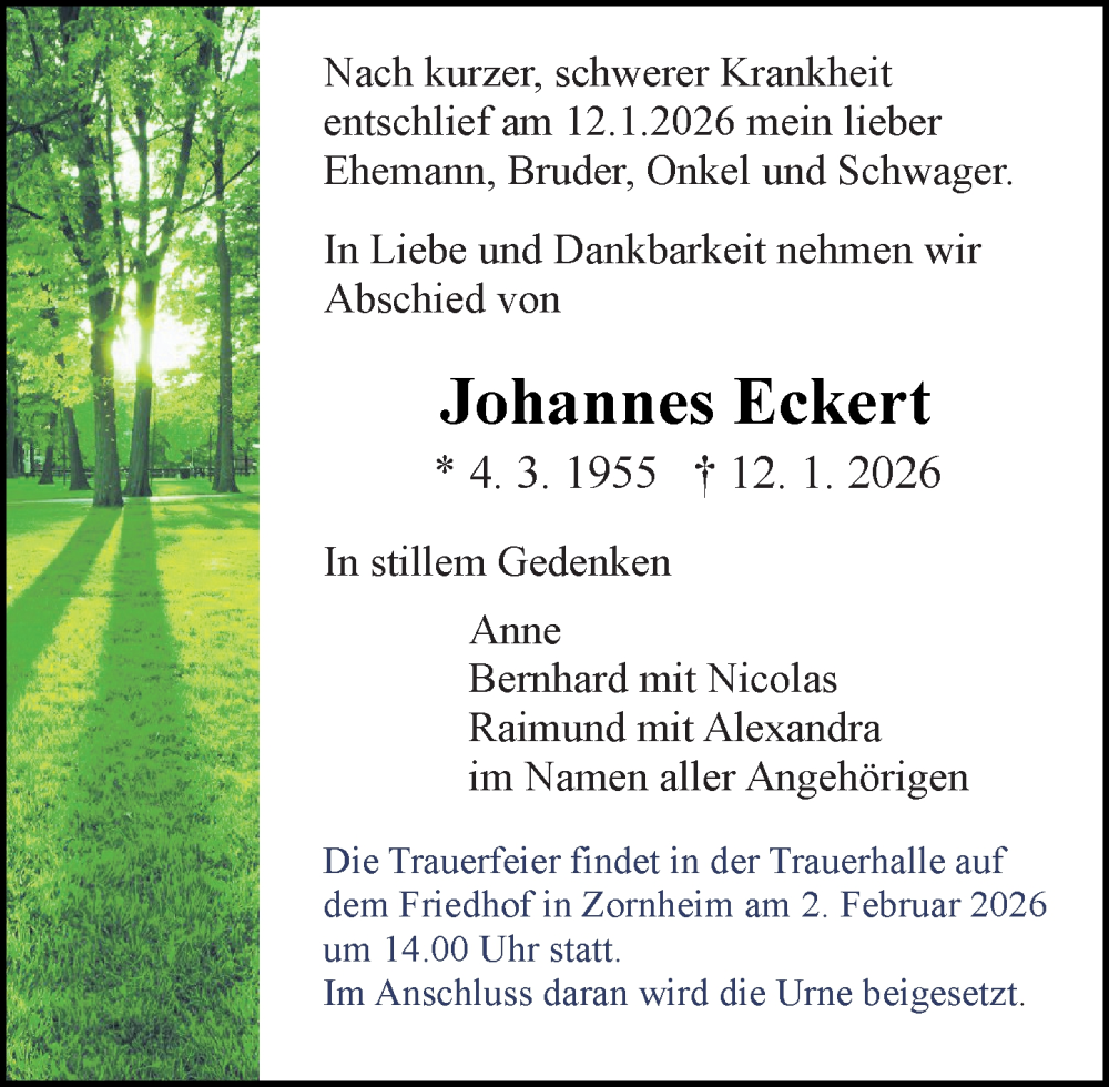  Traueranzeige für Johannes Eckert vom 17.01.2026 aus Allgemeine Zeitung Mainz