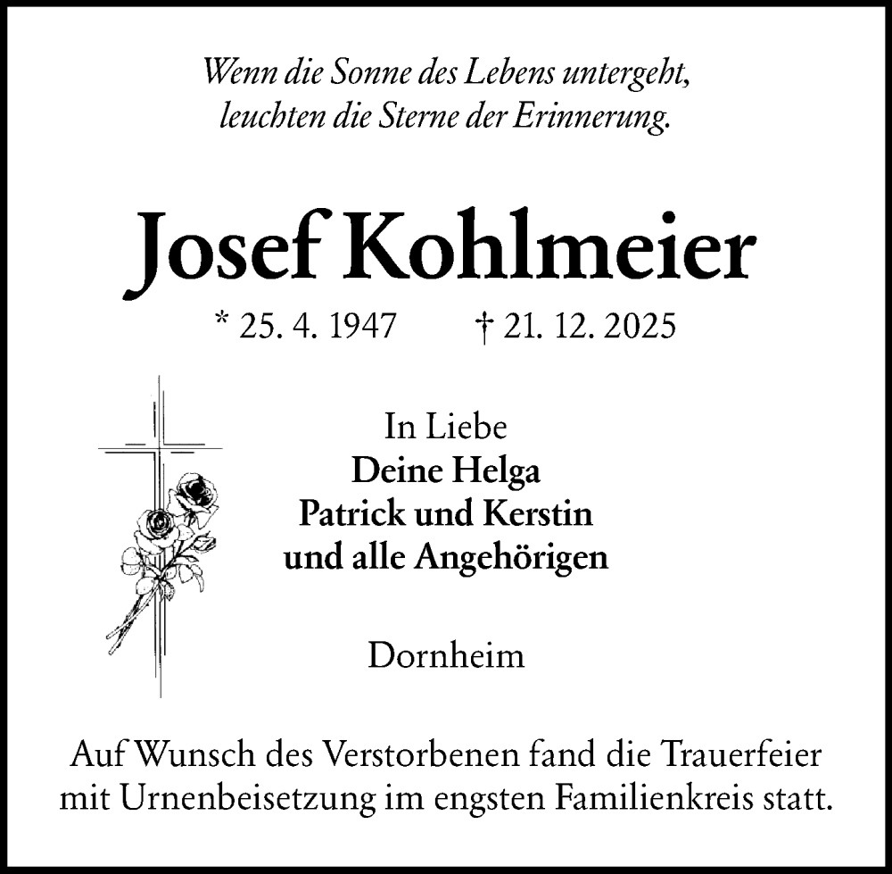  Traueranzeige für Josef Kohlmeier vom 10.01.2026 aus Groß-Gerauer Echo