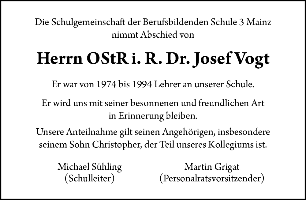  Traueranzeige für Josef Vogt vom 24.01.2026 aus Allgemeine Zeitung Mainz