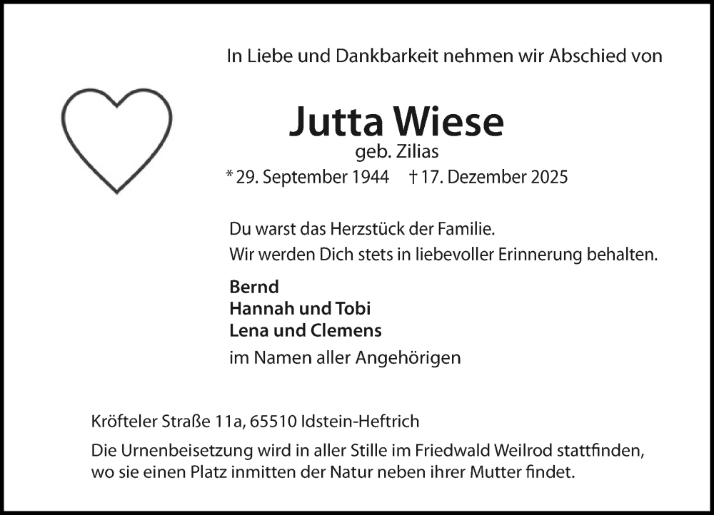  Traueranzeige für Jutta Wiese vom 03.01.2026 aus Idsteiner Land/Untertaunus