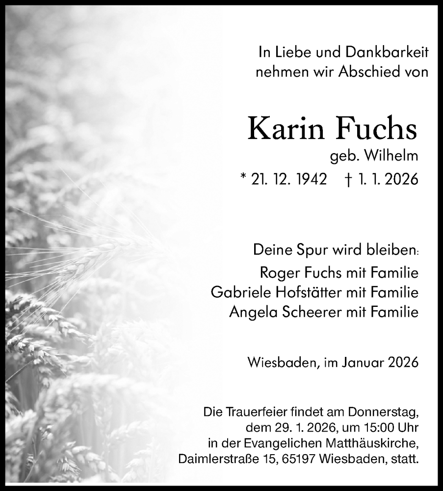  Traueranzeige für Karin Fuchs vom 24.01.2026 aus Wiesbadener Kurier