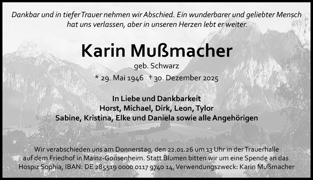  Traueranzeige für Karin Mußmacher vom 17.01.2026 aus Allgemeine Zeitung Mainz