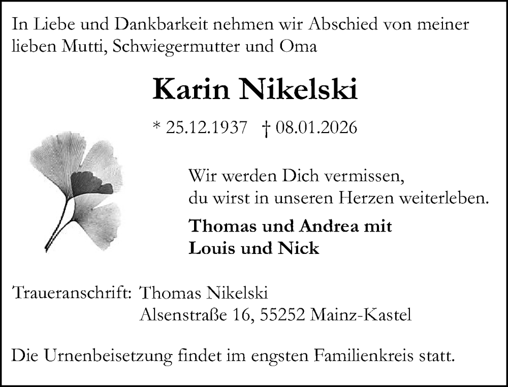  Traueranzeige für Karin Nikelski vom 17.01.2026 aus Allgemeine Zeitung Mainz
