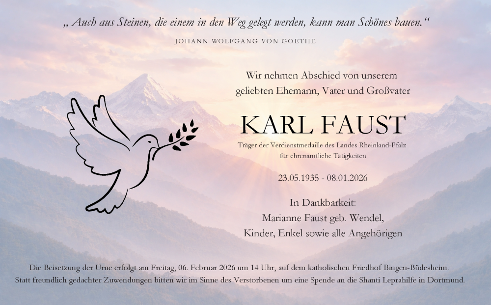  Traueranzeige für Karl Faust vom 24.01.2026 aus Allgemeine Zeitung Rheinhessen-Nahe