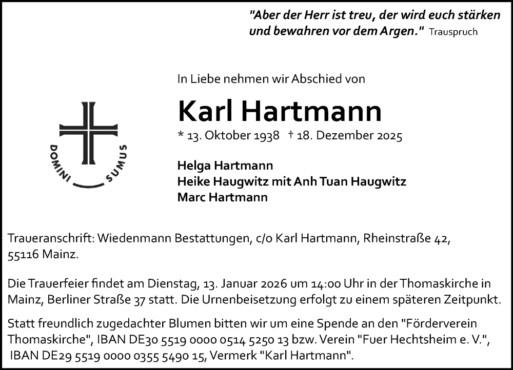  Traueranzeige für Karl Hartmann vom 03.01.2026 aus Allgemeine Zeitung Mainz